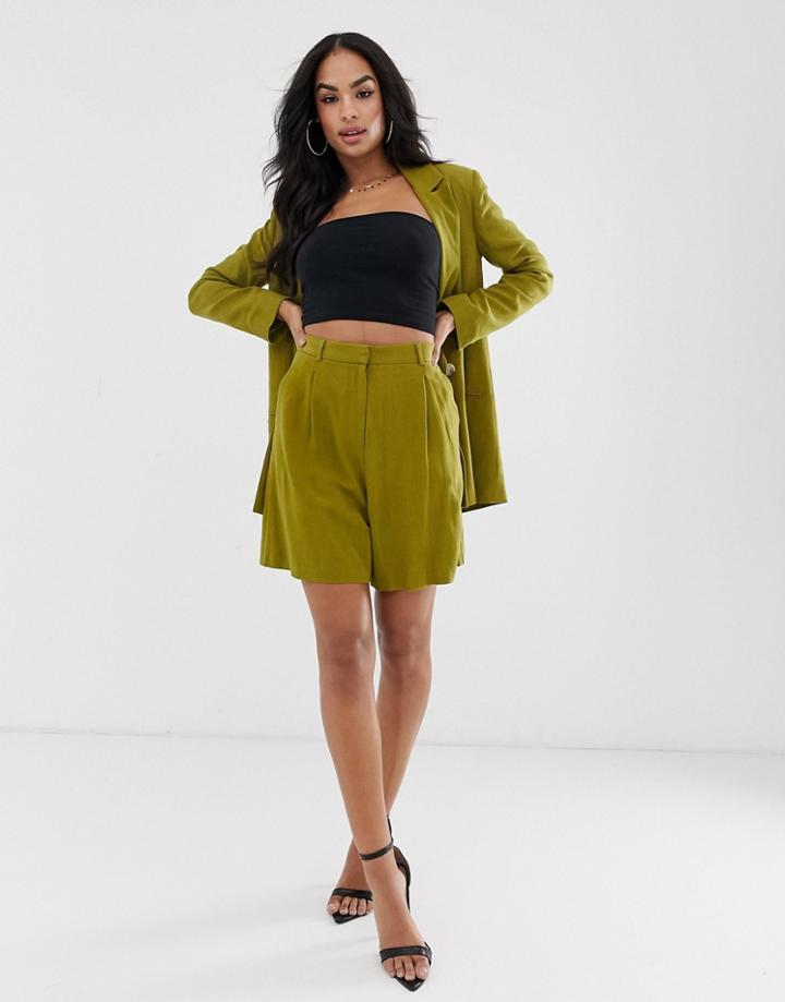 Asos Design Linen Suit Mom Shorts In Olive - Green