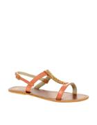 Asos Franki Flat Leather Sandals With Metal Trim - Orange