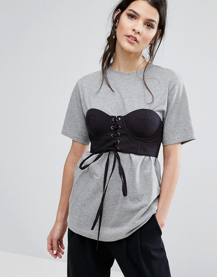 Neon Rose Oversized T-shirt With Corset Overlay - Gray