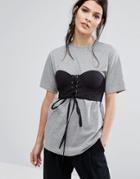Neon Rose Oversized T-shirt With Corset Overlay - Gray