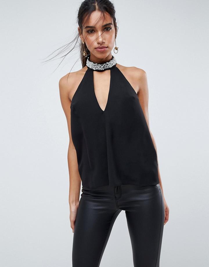 Asos Plunge Halter Top With Embellished Choker - Black