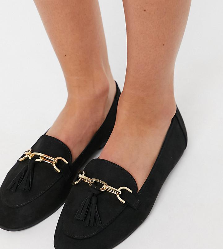 London Rebel Wide Fit Metal Trim Loafers In Black