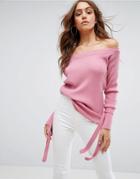 Boohoo Tie Cuff Bardot Sweater - Pink