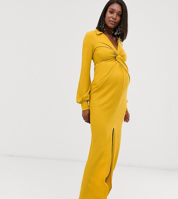 Asos Design Maternity Textured Drape Shirt Maxi Dress With Knot Detail-yellow