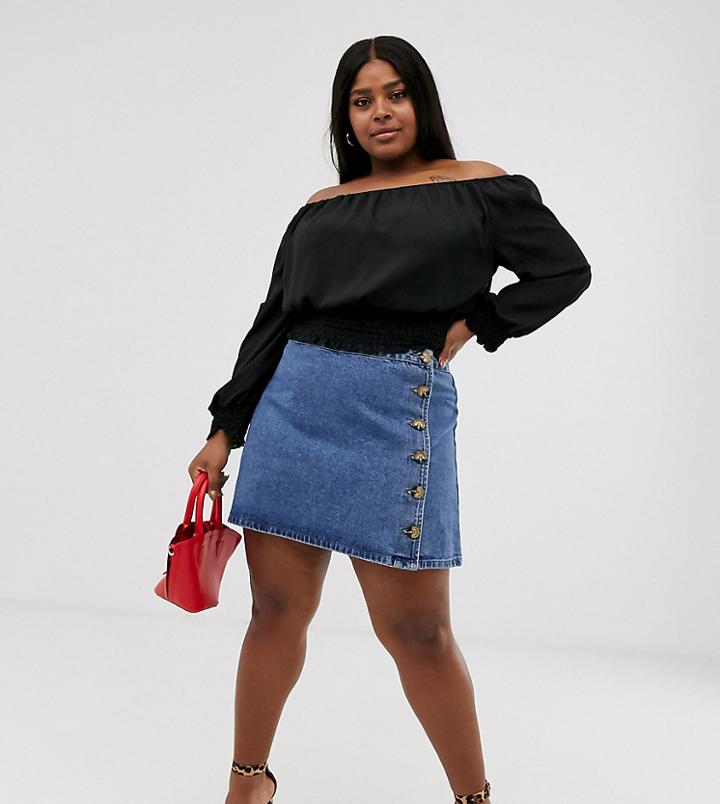 Asos Design Curve Denim Wrap Skirt With Side Buttons In Blue
