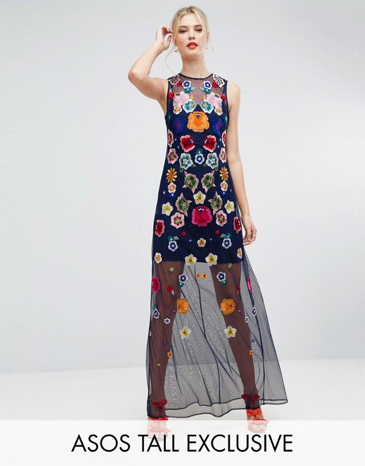 Asos Tall Embroidered Mesh Illusion Maxi Dress - Multi
