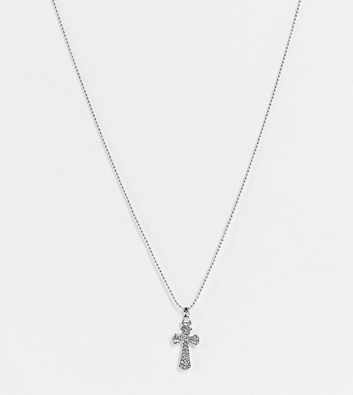 Asos Design Curve Necklace With Crystal Cross Pendant In Silver Tone