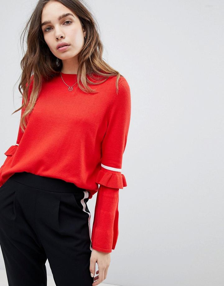 Only Round Neck Sweater With Ruffle Stripe Sleeve - Red