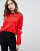 Only Round Neck Sweater With Ruffle Stripe Sleeve - Red