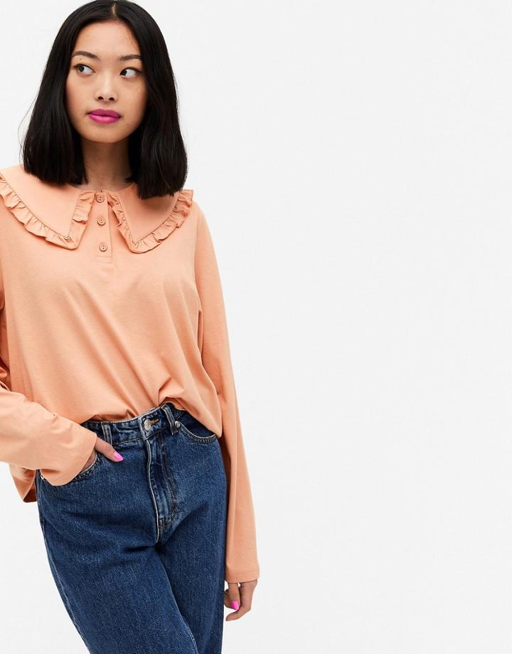 Monki Pari Organic Cotton Long Sleeve Top With Collar In Pink