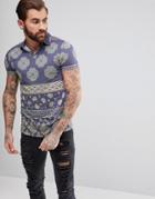 Asos Polo With Revere Collar And All Over Paisley Print - Blue