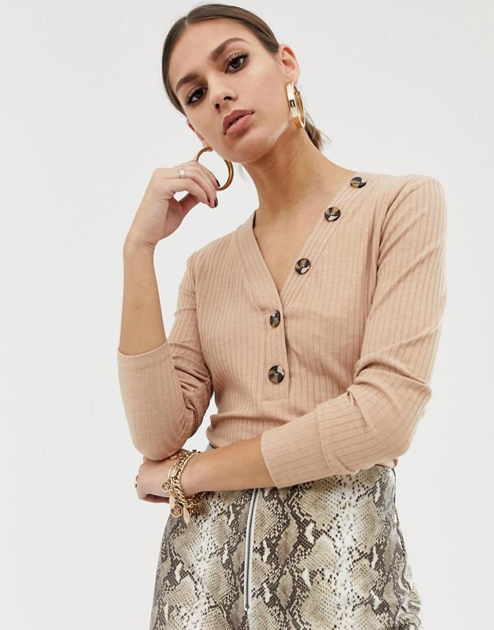 Na-kd Ribbed Cropped Top With Button Detail In Beige - Beige