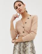 Na-kd Ribbed Cropped Top With Button Detail In Beige - Beige