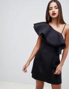Asos Design One Shoulder Strappy Ruffle Mini A Line Dress-black