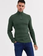 Asos Design Muscle Fit Wide Ribbed Half Zip Sweater In Khaki-green