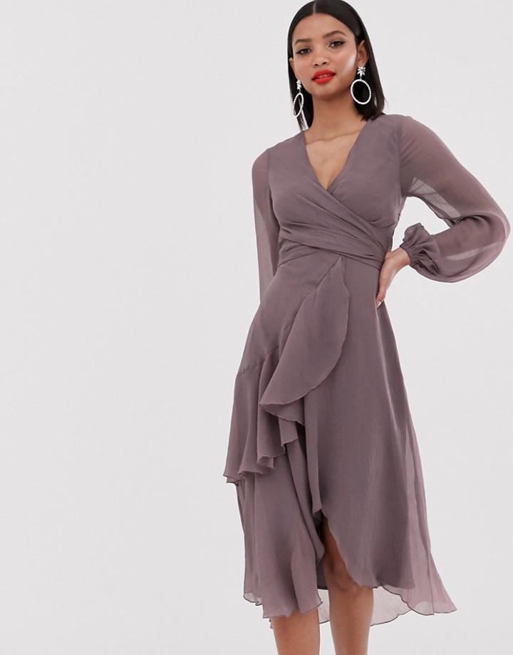 Asos Design Wrap Waist Midi Dress With Double Layer Skirt And Long Sleeve - Multi