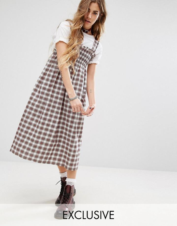 Reclaimed Vintage Midi Dress In Check With Shirring - Red