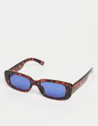 Asos Design Mid Rectangle Sunglasses With Blue Lens In Tortoiseshell-brown