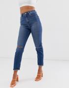 Asos Design Recycled Farleigh High Waisted Slim Mom Jeans In Mid Vintage Wash With Slash Knee Rip-blue