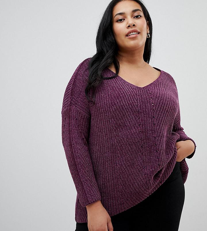 Brave Soul Plus Sahara V Neck Sweater In Chenille - Purple