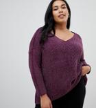 Brave Soul Plus Sahara V Neck Sweater In Chenille - Purple
