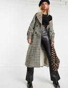 Object Recycled Blend Double Breasted Midi Coat In Brown Check