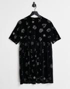 Urban Threads Velour Mini Smock Dress With Zodiac Glitter Print-black