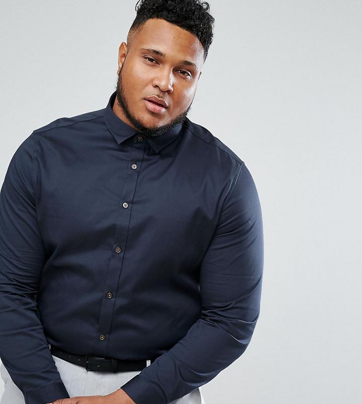 Asos Plus Skinny Fit Sateen Shirt In Navy - Navy