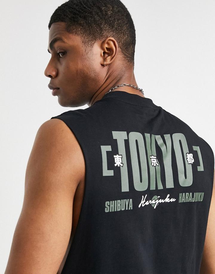 Asos Design Relaxed Tank In Black With Tokyo City Back Print