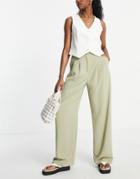 River Island Wide Leg Pants In Khaki-green