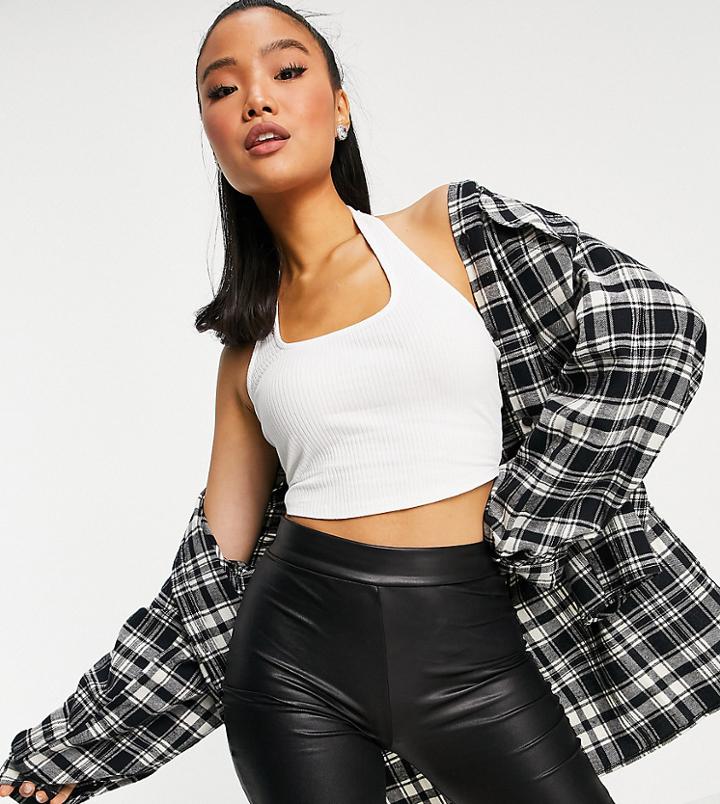 Asos Design Petite Square Halterneck Ribbed Crop Top In Bone White-neutral