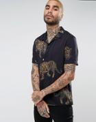 Allsaints Regular Fit Short Sleeve Shirt With Tiger Print - Black