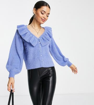Vila Petite Knitted Cardigan With Frill Detail In Blue
