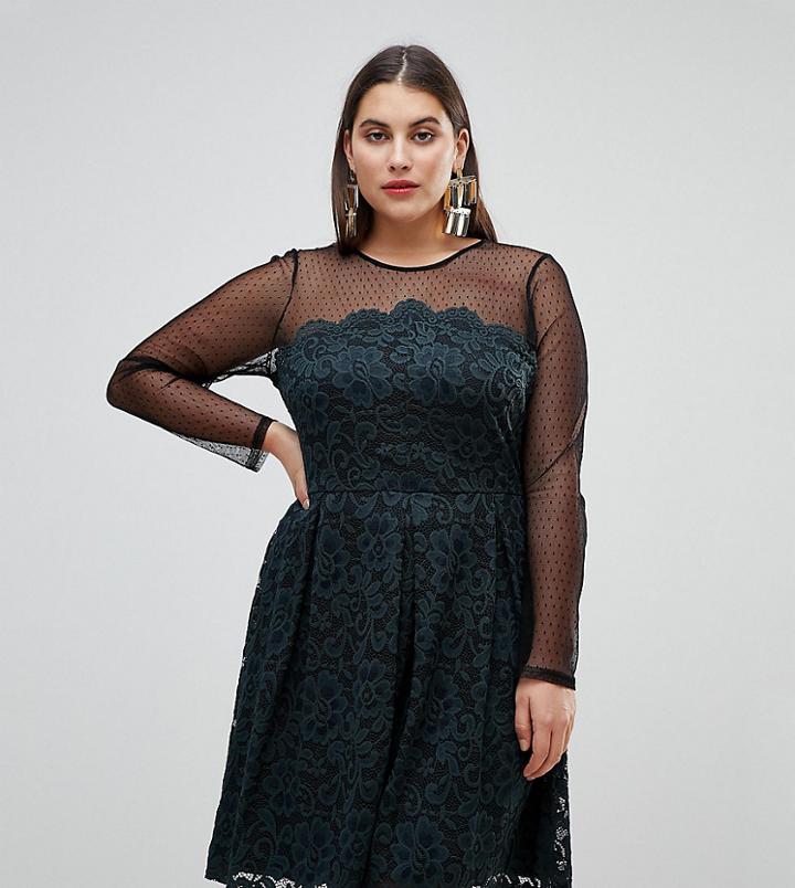 Asos Curve Lace & Dobby Mini Skater Dress - Black