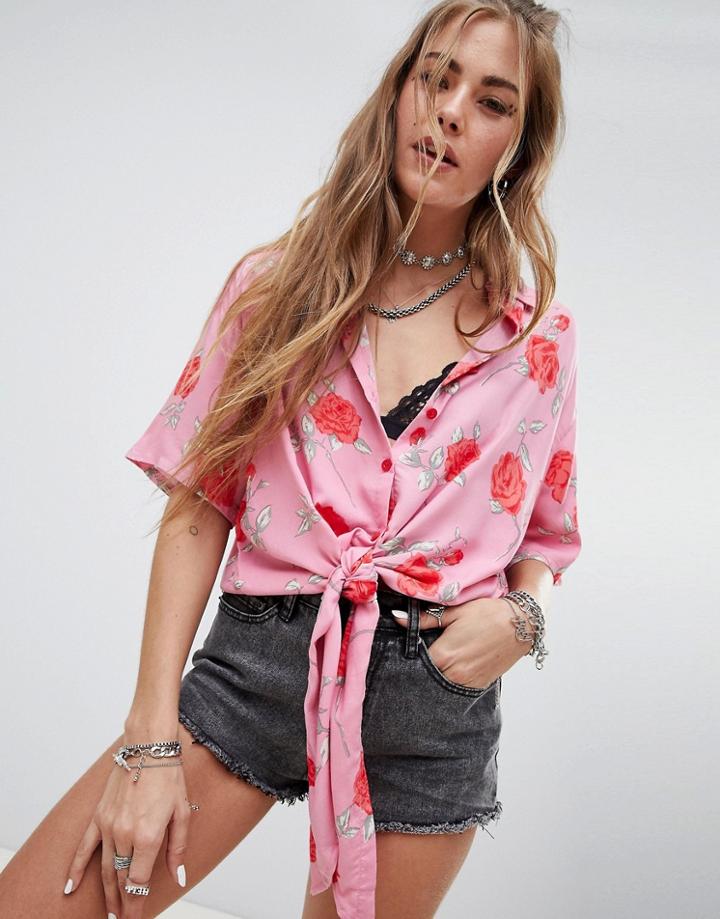 Motel Tie Front Relaxed Hawaiin Shirt In Rose Print - Pink