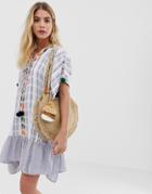 America & Beyond Textured Stripe Embroidered Beach Caftan - White