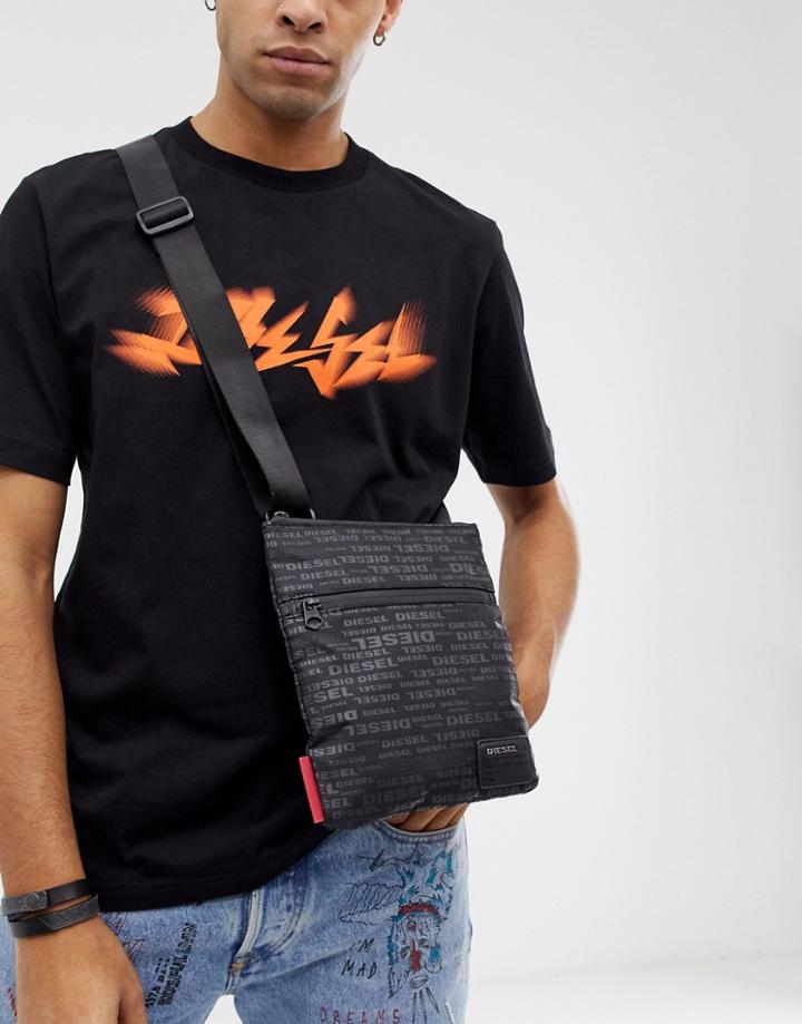 Diesel All Over Logo Crossbody Bag In Black - Black