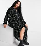 New Look Curve Long Sleeve Tie Neck Frill Detail Smock In Black Pattern