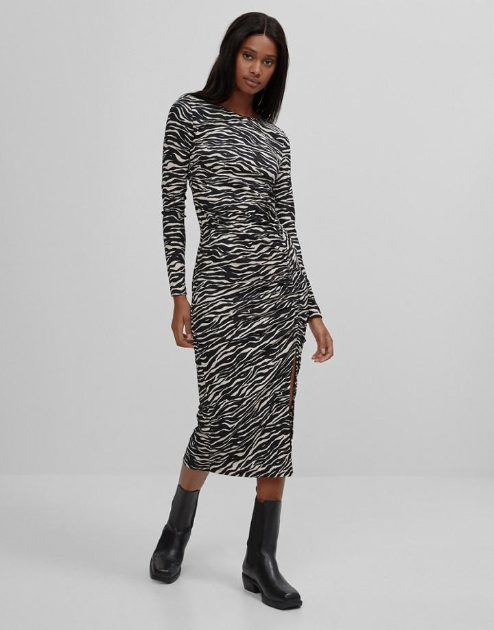 Bershka Zebra Print Midi Dress With Ruching In Black
