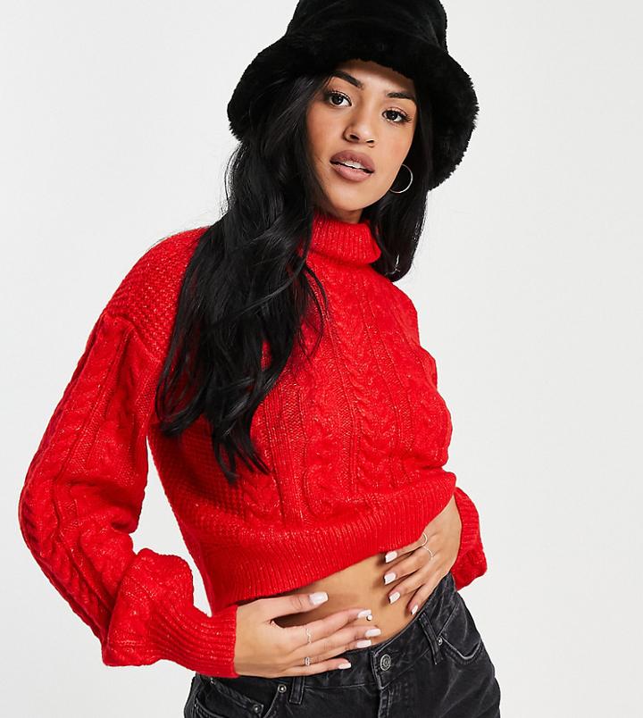 Noisy May Tall High Neck Cable Knit Sweater In Red