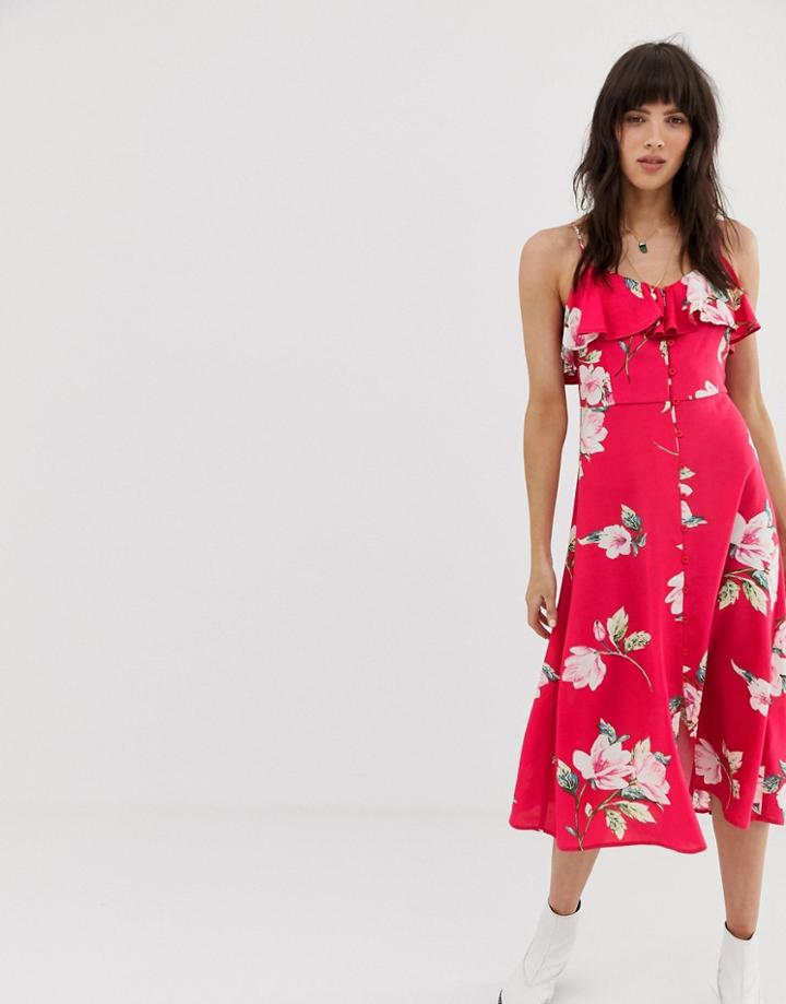 Band Of Gypsies Ruffle Front Button Down Midi Dress In Pink Floral Print