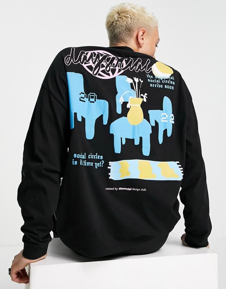 Asos Daysocial Oversized Long Sleeve T-shirt With 2d Cartoon Graphic Back Print In Black