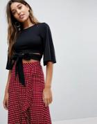 Fashion Union Wrap Crop Top With Open Back And Wide Sleeves - Black