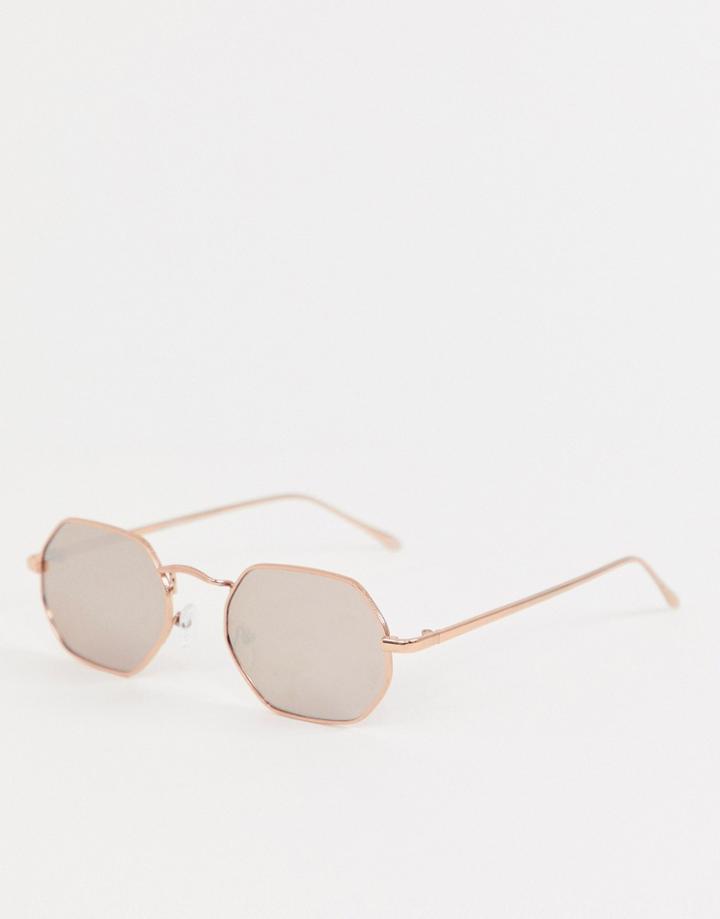 Asos Design Metal Hexagon Sunglasses In Rose Gold - Gold
