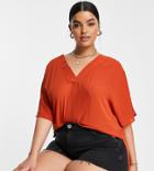 Asos Design Curve Oversized V Neck Tee With Slit Hem In Cinnamon-multi