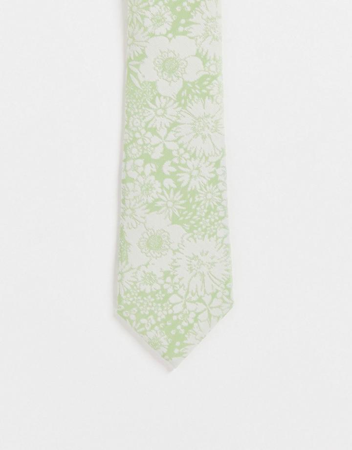 Asos Design Slim Tie With Floral Design In Green - Lgreen
