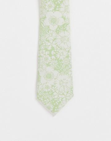 Asos Design Slim Tie With Floral Design In Green - Lgreen
