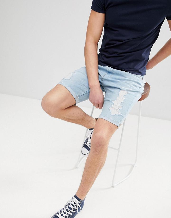 Hollister Skinny Destroyed Denim Shorts In Light Wash - Blue
