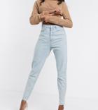 Missguided Tall Mom Jeans With Raw Hem In Light Wash Blue-blues