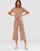 Asos Design Cargo Pocket Short Sleeved Jumpsuit-beige